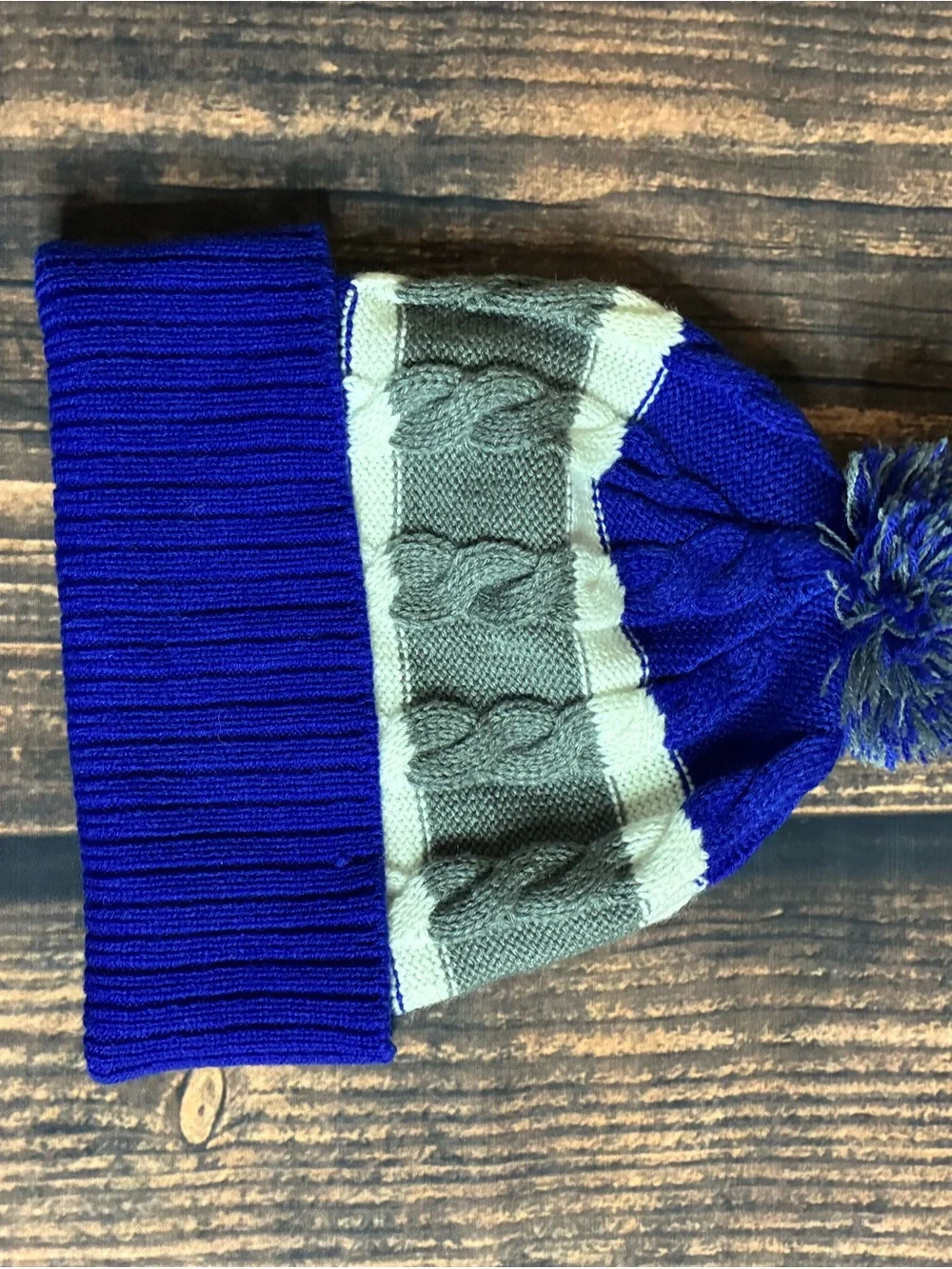 Kids Blue and Gray Pom Cuffed Beanie with Embroidered D